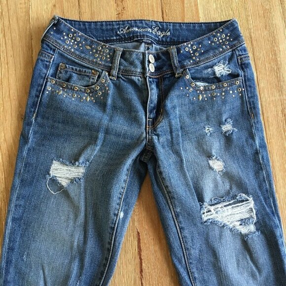 AMERICAN EAGLE Skinny Distressed Denim Studded Jeans Womens Size 2 (28" x 29.5") - Picture 2 of 4